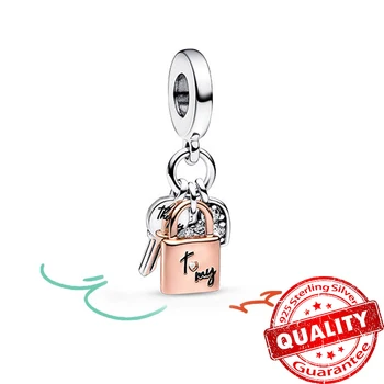 Оригинальный двухцветный ключ, замок из розового золота и подвеска в виде сердца, подходящие к браслету Pandora из стерлингового серебра 925 пробы, подарки для девочек  4