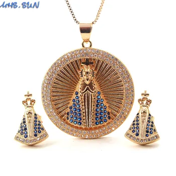 MHS.SUN Роскошное медное круглое ожерелье с подвеской из кубического циркония Mary design ожерелье + серьги для женщин, религиозный ювелирный набор  5