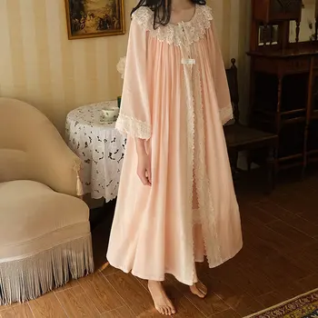 Комплекты халатов Princess Woman Хлопковый халат в винтажном стиле, халат с длинным рукавом, пижамы, 3 цвета, розовый, белый, синий  5