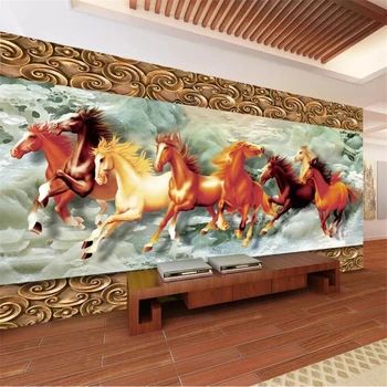 Обои на заказ, 3d фрески, резьба по дереву, восемь лошадей, обои в классическом стиле, домашний декор, 3D обои из папье-маше  10