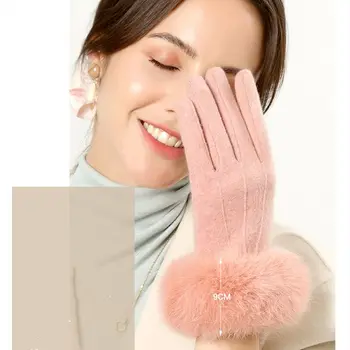 Уличные женские шерстяные теплые ветрозащитные меховые перчатки для верховой езды, перчатки с сенсорным экраном, зимние перчатки, варежки  5