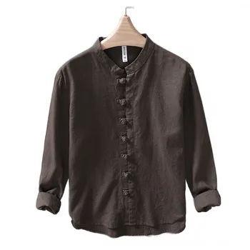 Льняная рубашка на пуговицах в стиле шинуазри Тан, мужская повседневная однотонная универсальная рубашка без воротника, Свободное пальто большого размера  10
