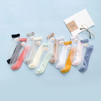 Шелковые носки Для женщин, прозрачные стеклянные кружевные шелковые носки в японском стиле харадзюку, ультратонкие дышащие носки до щиколоток с вышивкой маргаритками  5