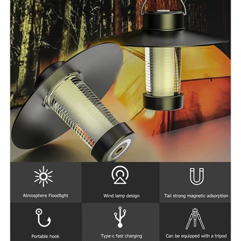 Портативный светодиодный походный подвесной фонарь Type-c, перезаряжаемая светодиодная лампа, светильник для палатки, Магнитная адсорбция, теплый прожектор, 3 режима освещения  10