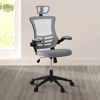 Современное офисное кресло для руководителей из сетки серебристо-серого цвета с высокой спинкой, подголовником и откидывающимися подлокотниками, высокой опорой для спинки из дышащей сетки.  5