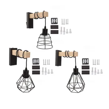 Бра для настенного монтажа, штепсельная вилка США 85-265 В, Подвесной светильник в проволочной клетке, украшение деревянной рукоятки, промышленный деревенский выключатель включения-выключения для спальни  10