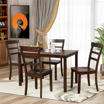5 шт кухонный обеденный стол твердой древесины стол и стулья набор (коричневый)  5
