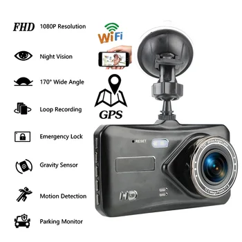 Автомобильный видеорегистратор WiFi 4.0 Full HD 1080P Видеорегистратор Камера заднего вида Видеомагнитофон Монитор автоматической парковки Черный ящик ночного видения GPS-трекер  1