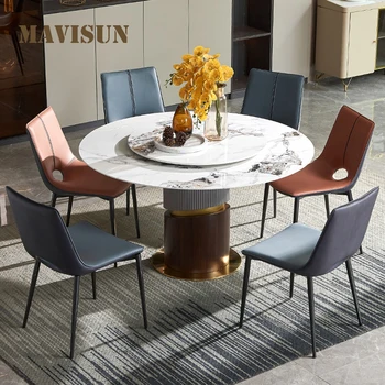Круглый стол из светлого роскошного шифера на заказ с поворотным столом; Современная минималистичная многофункциональная мебель из мрамора для больших квартир  5