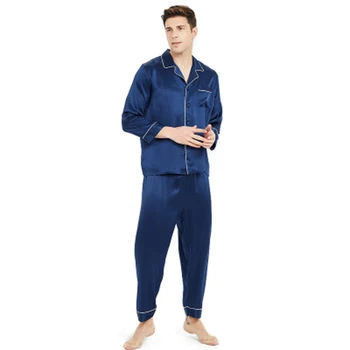 Новая шелковая пижама для мужчин, 100% шелковая Пижама с длинными рукавами, весна-лето, Длинный рукав, из двух частей, Синяя, Однотонная, L, XL, XXL  5