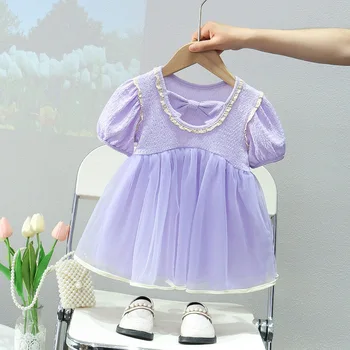 Платье для девочек, лето 2023, Новая детская одежда, детское платье с рукавами-пузырями, юбка, детское платье из пряжи для новорожденных первого года жизни  0