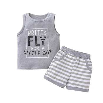 Citgeett Summer Kids/модный комплект одежды из 2 предметов для маленьких мальчиков, топы без рукавов с буквенным принтом + полосатые шорты, комплект серой одежды  5