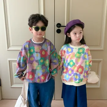 Детская одежда, детская рубашка, новинка весны 2023 года, модный повседневный свободный топ с длинными рукавами для мальчиков и девочек в корейском стиле с яркими цветами  5