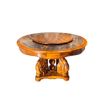 Обеденный стол из дерева Ugyen на заказ, круглый из натурального мрамора, резьба по массиву дерева с поворотным столом в сочетании  5