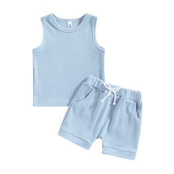 Одежда для новорожденных мальчиков из 2 предметов, однотонная футболка с круглым вырезом и без рукавов, топы и шорты с эластичной резинкой на талии, комплект одежды для новорожденных  5
