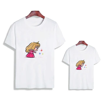 Футболка с принтом принцессы Диснея Авроры, Спящей красавицы, Летняя женская футболка для отдыха, детская футболка, повседневная одежда для мамы и дочки  5