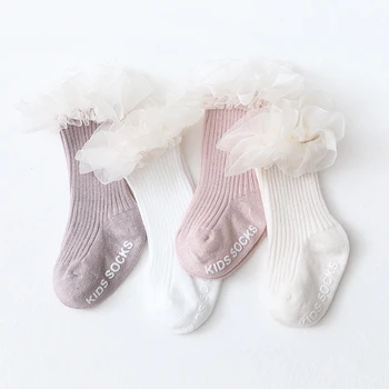 Нескользящие Носки для маленьких девочек, весенне-осенние кружевные носки принцессы до колена, однотонные Длинные носки для малышей от 0 до 12 м  5