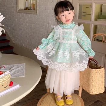 Корейское Детское Весеннее платье 2023 года Для девочек, Блузка-рубашка с Фрагментированной юбкой, платье-чехол из 3 предметов, комплект TT99602  5