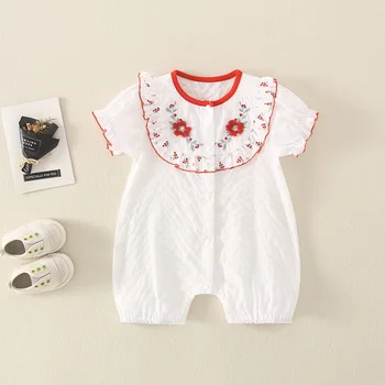 Летний детский комбинезон с цветочным рисунком из чистого хлопка с коротким рукавом, белая одежда для маленьких девочек, боди с круглым вырезом, детский комбинезон  5