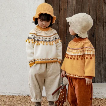 Свитер для девочек, Осенне-Зимний Новый Винтажный Пуловер С Шерстяным шариком, Детская одежда для маленьких И средних детей  0