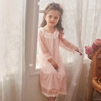 Детские пижамы принцессы в стиле Лолиты для девочек из вуали.Кружевная ночная рубашка с длинным рукавом.Придворный стиль, ночная рубашка для малышей, одежда для отдыха  0