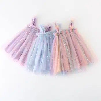 Одежда для маленьких девочек Радужное Яркое Летнее плиссированное платье на подтяжках для малышей Детские платья Детское платье принцессы на день рождения  3