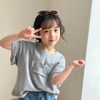 Новая летняя серая футболка для девочек в корейском стиле с коротким рукавом в западном стиле, детский повседневный топ с круглым вырезом.  0