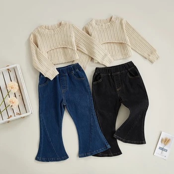 FOCUSNORM/ Модные Комплекты одежды для малышей и девочек от 1 до 6 лет, однотонные пуловеры с длинными рукавами в рубчик, топы + Жилет + Джинсовые расклешенные брюки  5