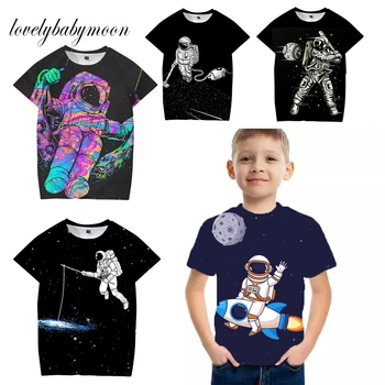 Популярная детская футболка с круглым вырезом и изображением космического корабля, футболка с 3D-принтом, модная футболка с короткими рукавами для мальчиков и девочек с изображением космического астронавта  5