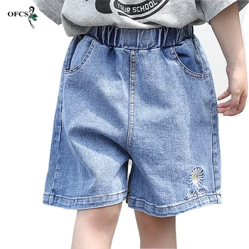 Летние детские шорты для мальчиков и девочек от 3 до 12 лет, повседневные однотонные синие джинсовые шорты с вышивкой, тонкие модные брюки  4