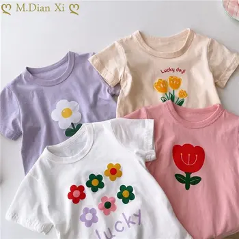 Летняя хлопковая футболка для детей 2-7 лет с коротким рукавом и мультяшным цветочным принтом для маленьких девочек, милая футболка, детская одежда  5
