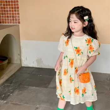 Летняя юбка с оранжевым цветком для девочек, Милое детское платье с большим подолом, свежая плиссированная юбка принцессы для малышей  5
