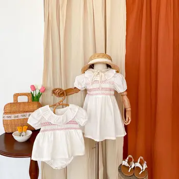 2023 Новое стильное платье принцессы-сестры для девочек, детский комбинезон с короткими рукавами для маленьких девочек, винтажная одежда-халат для младенцев  5
