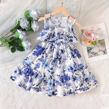 Голубое платье в цветочек для девочек 2-6 лет, праздничное платье для малышей, сетчатая одежда для вечеринок с цветочным рисунком, модные платья до колен  5