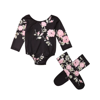 Citgeett Весенние летние наряды для новорожденных девочек с цветочным рисунком, боди с длинными рукавами, комбинезон, черные повседневные чулки  5