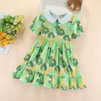 2023 Новые детские летние платья 90-140 см, милое платье с цветочным узором для девочек  5