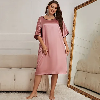 Летнее розовое атласное ночное платье с круглым вырезом и коротким рукавом, женская пижама, Сексуальная ночная рубашка, Домашняя одежда, одежда для отдыха  5
