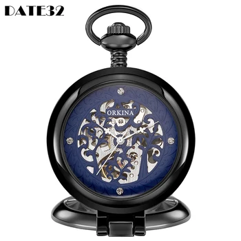 Римская цифра Классические Черные Синие Механические Карманные часы Коллекция Скелет Мужской Стенд Дисплей Брелок Цепочка Часы для мужчин Женщин  3