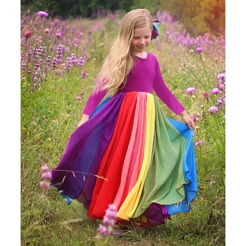 Одежда новая детская весна и осень с длинным рукавом Радуга сетки платье девушки мода милые платья принцесс  3