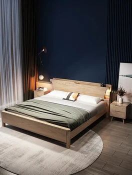 Кровать из массива дерева Fraxinus, современная минималистичная спальня с двуспальной кроватью, светлая роскошная коробка для хранения в скандинавском стиле высотой 1,5 м.  5