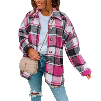 Осенняя клетчатая куртка, женское пальто, верхняя рубашка, длинная клетчатая куртка, женская зимняя рубашка оверсайз с длинным рукавом, куртки, пальто для женщин  10