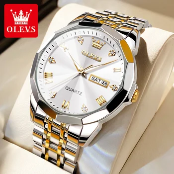 Мужские часы роскошного бренда OLEVS, водонепроницаемые наручные часы с двойным календарем, светящийся кварцевый механизм, инкрустированные бриллиантами часы для мужчин  5