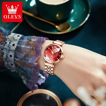 Женские часы бренда OLEVS, модные женские кварцевые часы, набор браслетов, винно-красный циферблат, простое Розовое золото, сталь, роскошные женские часы  5