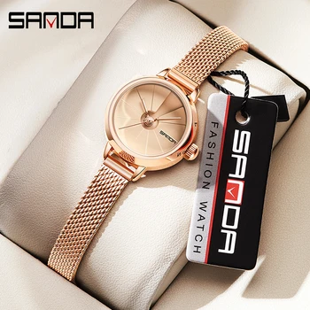 SANDA Женские кварцевые часы из розового золота, женские часы, повседневная мода, коричневый кожаный ремешок, Водонепроницаемые часы Montre femme + Подарочная коробка  5