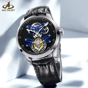 Механические часы AESOP с турбийоном из натуральной кожи для мужчин, модные водонепроницаемые часы Business Trend 7029, Скелетонирующий циферблат, стальной ремешок 2023 г.  5