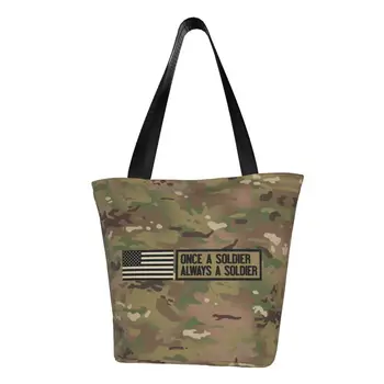 Однажды солдат - всегда солдат, хозяйственная сумка через плечо, холщовая сумка-тоут, переносные камуфляжные армейские сумки для покупок с продуктами  5