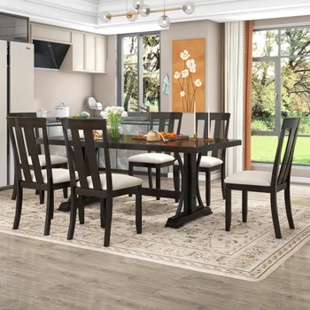 78-дюймовый обеденный стол в стиле ретро, прямоугольный стол из 7 предметов и 6 обеденных стульев для столовой, гостиной, семейной мебели  10