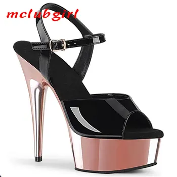 Женская обувь Mclubgirl, Летняя Сказочная Обувь На Однотонном Тонком каблуке С Открытым Носком и пряжкой, Черные Босоножки на Очень Высоком каблуке 15 см, Каблук 5 см, Платформа YKC  5