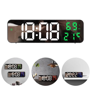 Большие светодиодные цифровые настенные часы с индикацией температуры и даты с регулируемой яркостью Настольное зеркало-будильник для домашнего декора  5