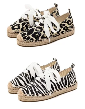 Новые женские туфли-эспадрильи, женская парусиновая обувь на плоской подошве со шнуровкой под леопарда, женские летние кроссовки в полоску под зебру, повседневная обувь в натуральную величину  5